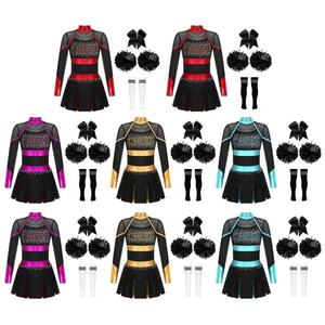 Wholesale Custom <b>Long</b> Sleeve Cheerleading Uniform Set with <b>Pleated</b> <b>Skirt</b> Pompoms Bows Socks for Youth and Adults - Product Image 5