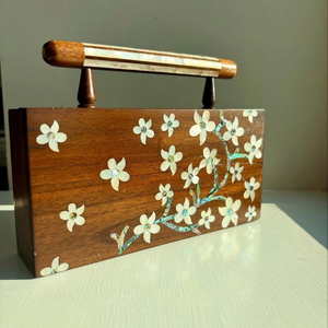 Handcrafted Wooden Floral Inlay Clutch <b>Bag</b> with Pearl Handle, Elegant Party <b>Evening</b> Handbag for Wedding & Special Occasions Gift - Product Image 4