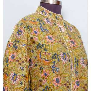 Chemisier en coton imprimé floral décontracté style doux, manches courtes bouffantes, col rond, écologique, séchage rapide, boutonné, pour femme - Product Image 5