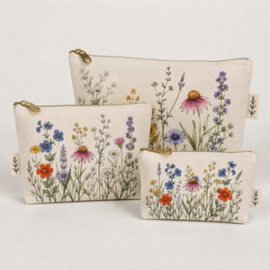 Ensemble de trousses à fermeture éclair en jute à motifs floraux, écologiques, imprimés botaniques, taille personnalisée, grande capacité, pour voyage, rangement, articles de toilette, sac cadeau - Product Image 1