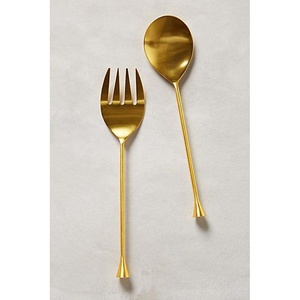 <b>Gold</b> Polish Metal Long Stick Design Metal Handle Spoon & Fork Soup Salad Serving Coffee Spoon Server Set - Product Image 1