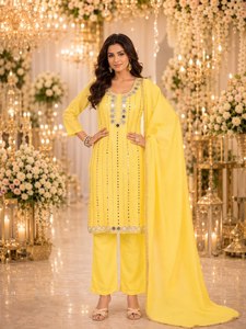 Kurti amarillo y pantalón para mujer, conjunto tradicional de rayón para boda, largo hasta el suelo, corte regular, estilo India-Pakistán - Product Image 3