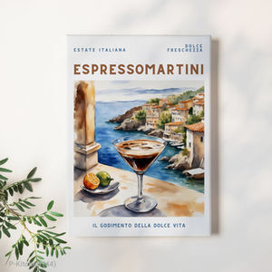 Impresión de Cocina con Vista Costera Mediterránea, Paisaje de Balcón de la Costa de Amalfi, Espresso Martini, Estilo de Póster de Viaje Moderno y Vintage - Product Image 1