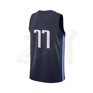 Camiseta de baloncesto para hombre, sin mangas, cuello en V, azul oscuro con número 77 blanco, estampado sublimado, uniforme de poliéster que absorbe la humedad - Product Image 3