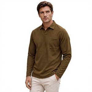 New <b>Men's</b> <b>Grandad</b> <b>Shirt</b> Long Sleeve -Neck Slim Fit Golf <b>Shirts</b> Solid 100% Cotton Terry Breathable Casual Outdoor - Product Image 1