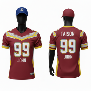 Maillot de football américain personnalisé en maille polyester 220 GSM, corps rouge, panneaux d'épaule gris et noir, impression par sublimation du nom et du numéro - Product Image 5