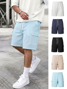 Men's Beige Waffle Weave Cargo Shorts Mid Waist Drawstring Casual Bermuda Style Solid Color Cotton Shorts - Product Image 3