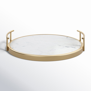 Round Marble Serving Tray with Gold Metal <b>Frame</b> Modern Luxury Design Durable Decorative Dishware At <b>Cheap</b> Price - Product Image 1