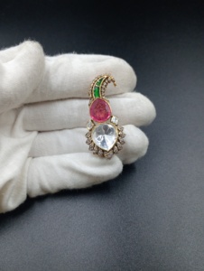 Gold Plated Silver Peacock Design Flower Brooch Pear Cut Cubic Zirconia Green Stone for Engagement Wedding Unisex Party Jewelry - Product Image 5