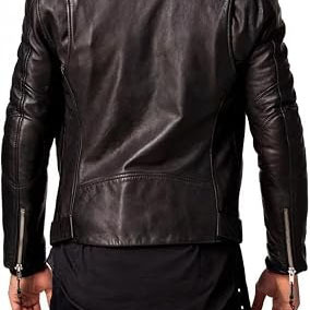 Blouson de motard en cuir véritable pour homme, style vintage vieilli, avec patchwork gaufré, fermeture éclair, col montant, coupe ajustée - Product Image 4