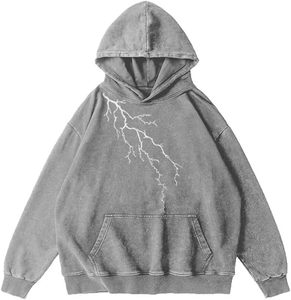 Sweat à capuche gris surdimensionné pour homme avec imprimé éclair en coton French Terry, vêtement décontracté pour l'automne - Product Image 1