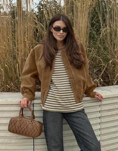 Women Oversized Suedette Bomber <b>Jacket</b> Loose Fit Shirt Collar Zip Front Bubble Hem Casual Outerwear - Product Image 2