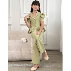 Girls Sage Green Peplum <b>Blazer</b> & Wide Leg Trouser <b>Set</b> Formal Chic Coord Contemporary Occasion Wear - Product Image 2