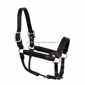 Halter de cheval de style occidental en cuir véritable à motif de crocodile robuste en tailles d'épi complètes et anneau à boucle à double couronne en laiton massif - Product Image 1