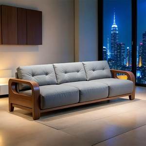 Sofá de Madera de Teca de 3 Plazas, Sofá de Madera Moderno y Minimalista con Reposabrazos Curvos para Sala de Estar, Muebles de Hotel - Product Image 1