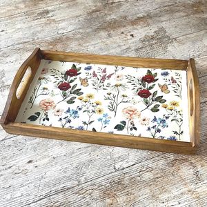 Natural wooden serving <b>tray</b> Wooden Serving <b>Tray</b> With Floral Pattern Rectangle French Country Style Tableware <b>Storage</b> <b>Trays</b> - Product Image 4