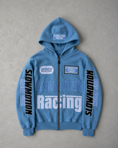Sweat à capuche oversize en polaire bleu pour homme, style streetwear, avec broderie inspirée de la course, design patch, épais, décontracté, séchage rapide - Product Image 1