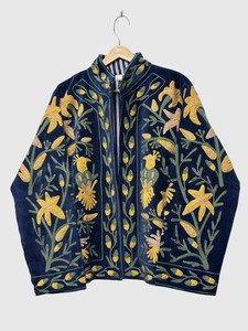 Chaqueta de Terciopelo con Bordado Floral, Cuello Mandarín, Manga Larga, Talla Grande, Ropa de Otoño para Mujer - Product Image 1