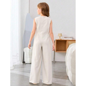 Combinaison asymétrique à boutons sur le devant pour filles, combinaison palazzo sans manches à col en V pour enfants - Product Image 2