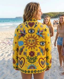 Chaqueta de Punto Amarilla Bordada con Mangas Largas y Cuello Camisero, Estilo Vacaciones de Verano, Abrigo para Mujer - Product Image 4