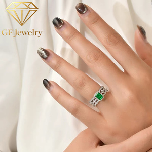 Ensemble de bagues empilables pour femme, en platine, avec émeraude vert vif zambien couleur Wharton, diamant en dentelle et pierres fines, style INS, design antique et imposant - Product Image 4
