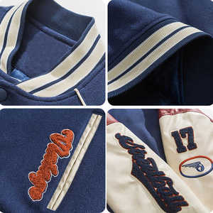 <b>Men's</b> Navy Varsity <b>Jacket</b> Embroidered Letter A Patch Design Turn-down Collar Autumn Wear Preppy Style Regular Fit - Product Image 6