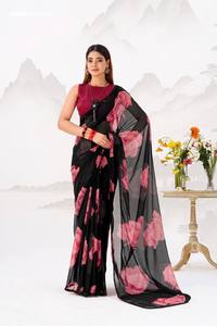 Meilleure collection de saris en tissu chiffon avec imprimé floral intégral et bordure en dentelle, ensemble chemisier Banglory, prix de gros - Product Image 3