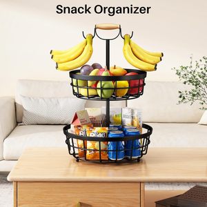 2 Tier Fruit <b>Basket</b> with Dual Banana Hanger Wooden Handle Metal <b>Wire</b> Fruit Bowl Kitchen Counter Storage Organizer - Product Image 4