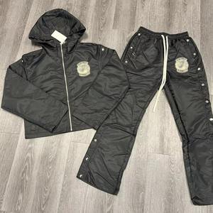 New High Quality 100% Cotton Breathable Lightweight Unisex Acid Wash Printed Jogging <b>Windbreaker</b> Tracksuits Set <b>Black</b> Custom - Product Image 3