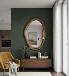 Miroir mural moderne en bois massif en forme d'œuf, miroir d'appoint ovale asymétrique avec cadre en bois, décoration esthétique pour salon, pièces de verre - Product Image 5