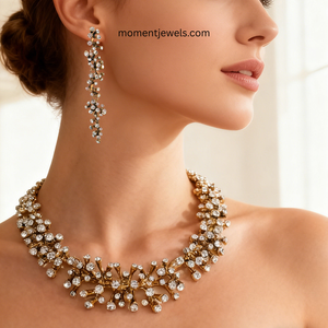 Conjunto de Joyería de Pedrería Chapada en Oro, Collar y Pendientes Colgantes Florales, Accesorios de Moda para Novias y Fiestas - Product Image 3