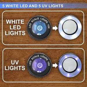 แว่นขยายแบบชาร์จไฟได้ 10 เท่า พร้อมไฟ LED 5 ดวง และไฟ UV 5 ดวง |   แว่นขยายโลหะแบบถอดได้พร้อมเลนส์แก้วออปติคอล K9 สำหรับงานเครื่องประดับ - Product Image 5