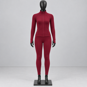 Ensemble de yoga 2 pièces rouge, fermeture éclair intégrale sur le devant, taille haute, sans couture, en spandex et polyester, respirant, anti-transpiration, extensible dans quatre directions - Product Image 1