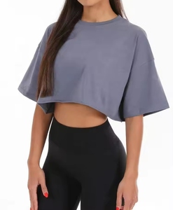 Women's <b>Crop</b> <b>Top</b> Short Sleeve Crew Neck Loose Fit Knitted Cotton Solid Color Breathable Spring Summer T-Shirt - Product Image 3