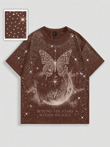 เสื้อยืดผู้ชายทรงโอเวอร์ไซส์ลายกราฟิกสีน้ำตาลวินเทจ ล้างสีแบบแอซิดวอช ผ้าคอตตอนหนา 100% ประดับมูนริ้นสโตนสุดเทรนดี้ รับผลิตแบบ OEM - Product Image 3