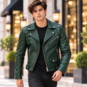 Chaqueta de Motociclista de Cuero Verde para Hombre, Chaqueta de Motociclista de Cuero Vacuno Genuino, Corte Ajustado, Estilo Vintage Punk Rock, con Cierre - Product Image 1