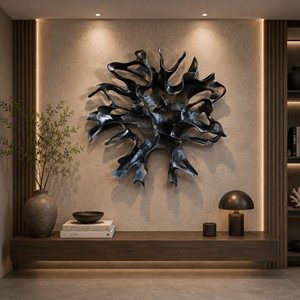 Escultura de pared hecha a mano en Indonesia con raíz de teca maciza, decoración de pared abstracta moderna de lujo para la decoración interior de la sala de estar. - Product Image 1