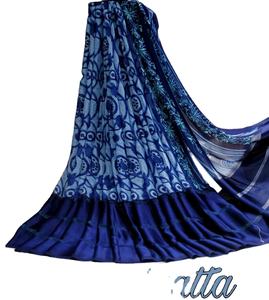 Sari de Seda Pura Georgette Satinado con Estampado Floral Azul para Mujer, Estilo Moderno, Secado Rápido, Largo Regular, para Todas las Temporadas - Product Image 1