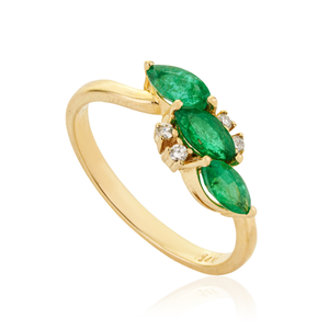 Nuevo Anillo Apilable de Tres Piedras de Oro Amarillo Puro de 14K con Esmeralda y Diamantes, Joyería Fina con Piedras Preciosas Personalizada, en Oferta - Product Image 3