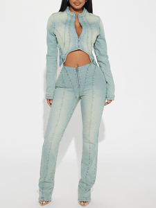 Women's Stonewashed <b>Denim</b> <b>Crop</b> <b>Jacket</b> With Zipper Front Long Sleeve Skinny Fit Solid Color Spring Fashion Sexy Club Style - Product Image 2