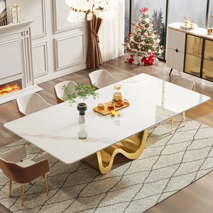 Table à manger rectangulaire moderne avec plateau en pierre frittée et base en acier inoxydable, écologique et durable, pour appartement, école, hôtel - Product Image 2