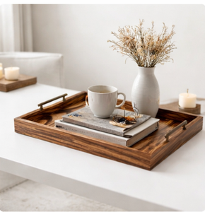Handcrafted Teak Wood Serving <b>Tray</b> With Brass Handles Large Rectangular Rustic Ottoman <b>Tray</b> For <b>Breakfast</b> Coffee Table Decor - Product Image 4