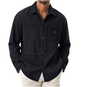 Chemises décontractées pour hommes à manches longues, chemisiers en jean tendance à col, hauts en jean vintage délavés avec poche - Product Image 1