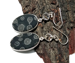 Natural Black Coral & Zircon Bohemian Wedding Earrings Solid 925 Sterling Silver Oval Dangle <b>Drop</b> Handmade Jewelry Gift Women - Product Image 3