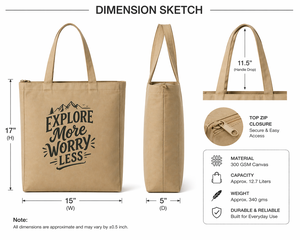 Khaki Canvas <b>Tote</b> Bag 17x15x5 Zipper Closure Reusable Shopping Bag Long Handle Minimalist Style All Seasons - Product Image 2