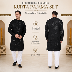 Premium <b>Men's</b> Sequined Embroidered <b>Kurta</b> Pajama Set | 100% Rayon Mandarin Collar Long Sleeve Indian Ethnic Traditional Festive - Product Image 3