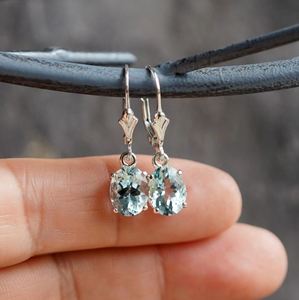 <b>Large</b> Oval Cut Natural Aquamarine Leverback Drop Earrings 925 Sterling Silver Dangle Gemstone March Birthstone Luxury Party - Product Image 1