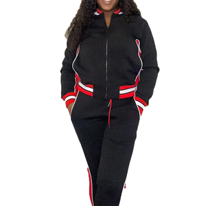 Chándal informal de invierno de alta densidad en tres colores (negro/rojo/blanco) con forro polar, talla grande, chaqueta de cierre completo para calentamiento y joggers ajustados. - Product Image 1