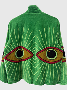 Blouson en velours vert brodé motif œil, col roulé, manches chauve-souris, grande taille, pour femme, collection automne - Product Image 5