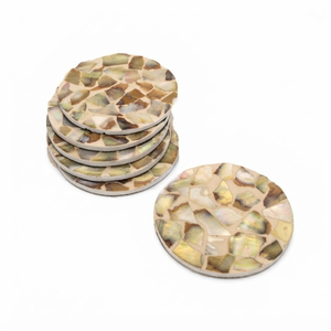 Juego de posavasos artesanales de nácar con incrustaciones de lapislázuli, posavasos redondos geométricos de mosaico de concha para mesa de café. - Product Image 3